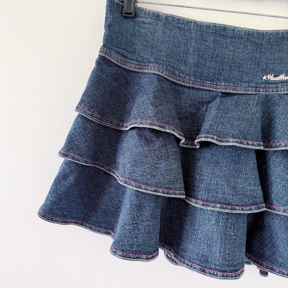 Vintage Y2K Ruffled Tiered Denim Mini Skirt Heatherette 7 Cotton Stretch 2000s - Picture 4 of 12